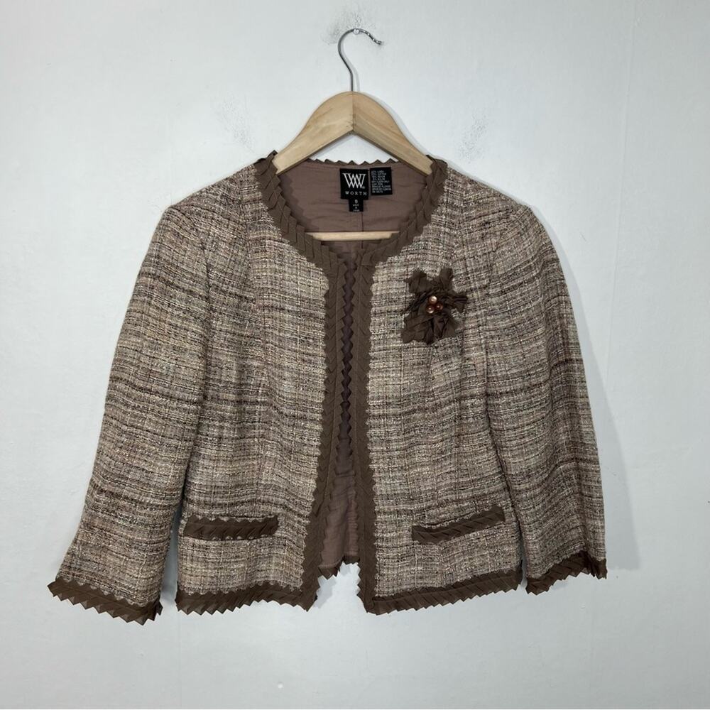 Worth Tan Linen Blend Ribbon Accent Brooch Trim Blazer Size 8